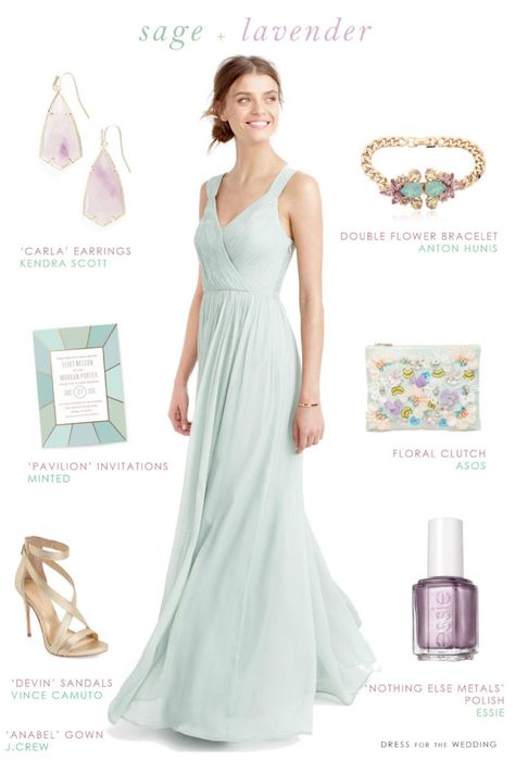 Sage green dress for bridesmaids with lavender accessories Sage Green And Lavender, Lavender Accessories, Dress For The Wedding, Green Dress Outfit, Hoco Inspo, Lavender Bridesmaid, Green And Lavender, Wedding Dresses Videos, Beach Wedding Attire