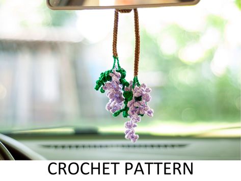 Car Hanging Plant, Amigurumi Car, Crochet Interior, Plant Crochet, Flower Crochet Pattern, Wisteria Flower, Rear View Mirror Accessories, Rear View Mirror Charm, Flower Crochet