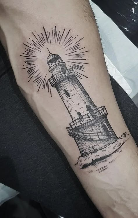 The 90 Most Popular Symbols For Travel Tattoos | Unique & Cute Travel Tattoo Ideas Montauk Lighthouse Tattoo, Annihilation Aesthetic, Light House Tattoo, Lighthouse Tattoo Meaning, Traditional Lighthouse Tattoo, Travel Tattoo Ideas, Castle Tattoo, Pretoria South Africa, Travel Tattoos