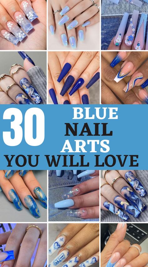 Looking to check out these beautiful blue nail arts for any season and you’ll love them. These blue nail arts are perfect for any season at all. Love these blue nails. Nail Design With Blue Color, Blue Gel Nail Designs Ideas, Blue On Blue Nails, Navy And Light Blue Nails, Blue Spring Nails Acrylic, Cute Nail Ideas Blue, Royal Blue Nail Designs Ideas, Nail Ideas Acrylic Blue, Nails Blue Ideas