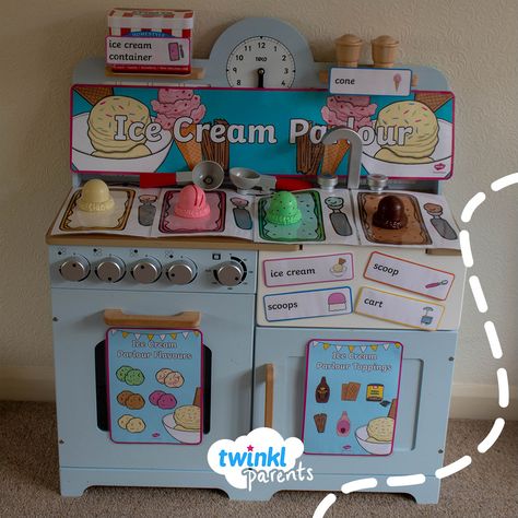 Who wouldn’t love their very own ice cream parlour?!!! Use our role play pack to transform a play kitchen or area of your home into your very own ice cream shop!  Encourage your children to use correct vocabulary to find out what yummy treat each customer would like to have. What flavour ice cream would they like and which yummy sprinkles would they like on top? How much does their ice cream cost? Children learn so much from acting out real life situations. Ice Cream Parlour Role Play, Role Play Shop, Dramatic Play Themes, Ice Cream Parlour, Dramatic Play Area, Drama Class, Flavor Ice, Play Shop, Free Teaching Resources