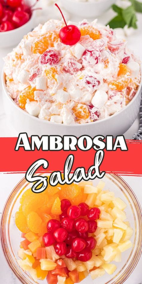 Ambrosia Salad - Princess Pinky Girl Ambrosia Salad With Cool Whip, Best Ambrosia Salad, Ambrosia Recipe, Ambrosia Fruit Salad, Fluff Salad, Fruit Salad Easy, Maraschino Cherries, Mandarin Oranges, Ambrosia Salad