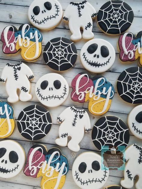 Jack Skellington Gender Reveal, Nightmare Before Christmas Gender Reveal Ideas, Jack Skellington Baby Shower Ideas, Jack And Sally Gender Reveal Ideas, Gender Reveal Nightmare Before Christmas, Halloween Baby Shower Ideas For Boys, Nightmare Before Christmas Gender Reveal, Christmas Baby Shower Cookies, Halloween Baby Shower Cookies