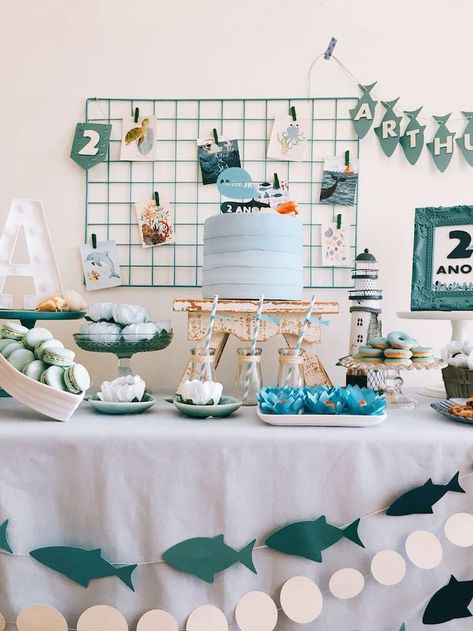 Ocean Themed Dessert Table, Fintastic Shark Party, Ocean Second Birthday Party, Modern Shark Birthday Party, Ocean Theme Table Decorations, Shark Baby Shower Ideas, Whale Theme Birthday Party, Ocean Themed Baby Shower Ideas, Ocean Party Ideas