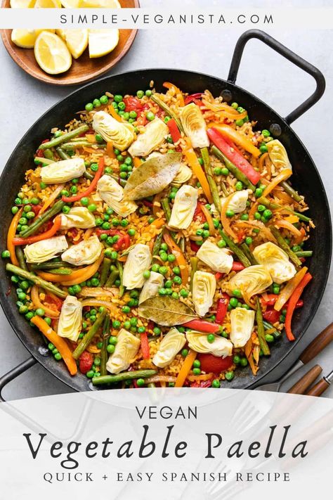 Full of color and simple flavors, this authentic Vegan Paella is loaded with vegetables and an eye catching centerpiece for the table! No need to have a paella pan, you can use a large pot or dutch oven too. #paella #healthyrecipes #veganrecipes #plantbased Vegetable Paella Recipe, Paella Recept, Vegetable Paella, Vegan Paella, Starch Solution Recipes, Vegetarian Paella, Easy Spanish Recipes, Oil Free Vegan Recipes, Paella Recipe