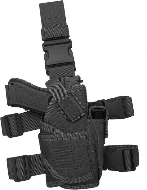 This is a fully adjustable open leg holster to accommodate different sized thigh circumferences. Made for both men and women, this tactical holster features a secure hook-and-loop closure for securing your firearm and can also attach to your belt for a secure, secure fit you can rely on. Universal design fits compact to full size frame pistols, Beretta 92F Colt M2000 P229 HKP7 Ruger P85 M1911A1 Glock 17 19 21 22 23 43 and others. 9mm Holster, Belly Band Holster, Drop Leg Holster, Leg Holster, Thigh Straps, Waistband Holster, Tactical Holster, Thigh Holster, Concealed Carry Holsters