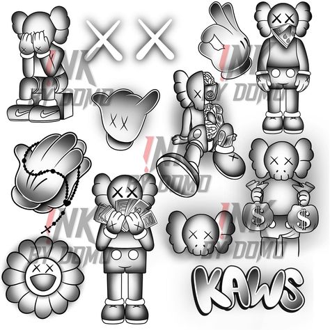 Kaws V2 brush set is now available on the site! inkbydomo.com 🤝🏽 Kaws Doll Drawing, Kaws Hand Tattoo, Kaws Tattoo Stencil, Kaws Henna Tattoo Designs, Bape Tattoos, Kaws Tattoo Design, Tattoo Ideas For Men Stencil, Bape Drawings, Kaws Outline