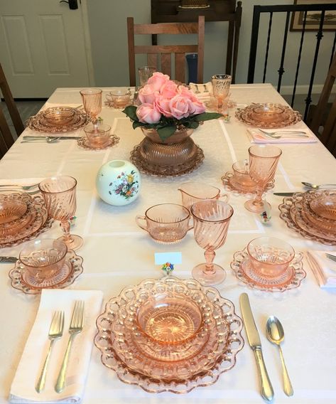 Pretty Glassware, Whispers Of The Heart, Pink Tablescape, Tablescapes Summer, Pink Tea Set, Blue Table Settings, Pink Tablecloth, Pink Dishes, Brunch Table