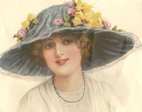 Victorian Pictures, Vintage Hats, Victorian Women, Victorian Art, Vintage Portraits, Vintage Greeting Cards, Blue Hat, Embroidery Ideas, Vintage Printables