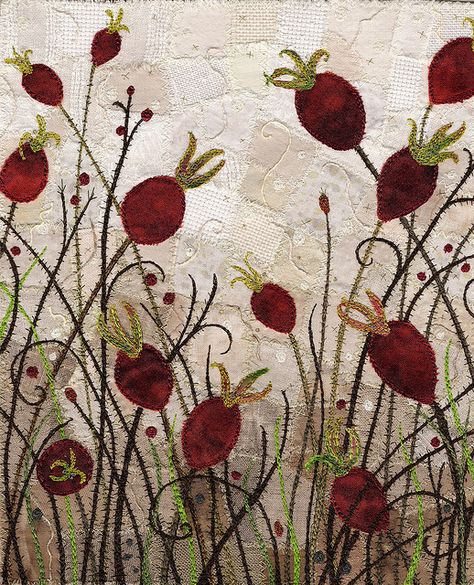 Garden of Rose Hip Delights Leaf Quilts, Wool Flowers, Stitched Flowers, Circle Crafts, Fabric Postcards, Flower Quilts, Landscape Quilts, Free Motion Embroidery, Applique Quilting