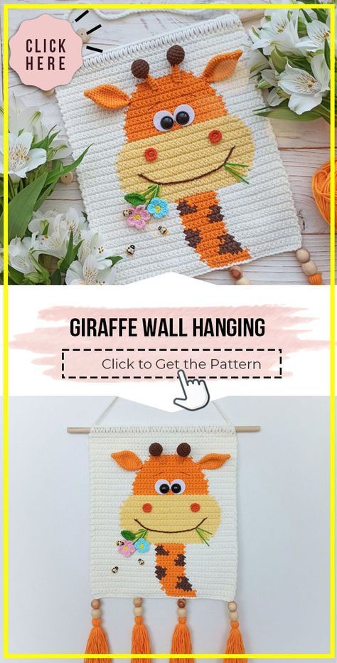 crochet Giraffe Wall Hanging free pattern - Easy Crochet Decoration Pattern for Beginners. Click to Try the Pattern #Decoration #crochetpattern #crochet via @shareapattern.com Giraffe Haken, Crochet Nursery Decor, Crochet Giraffe, Crochet Wall Art, Crochet Nursery, Wall Hanging Designs, Giraffe Crochet, Crochet Wall Hangings, Beginner Knitting Projects