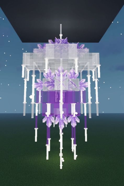 Chandelier I built in Minecraft. I made a tutorial for this. You can ckick the link to got there. #minecraft #purple #violet #magical #fantasy #build #minecraftbuilds #minecrafters #minecraftbuilder #shaders #shadersminecraft #aesthetic #amethyst #chandelier #tutorial #howto #make Minecraft Chandelier Design, Minecraft Chandelier, Minecraft Rooms, Rumah Minecraft Sederhana, Alluka Zoldyck, Bangunan Minecraft, Minecraft Banners, Minecraft Cottage, Minecraft House Tutorials