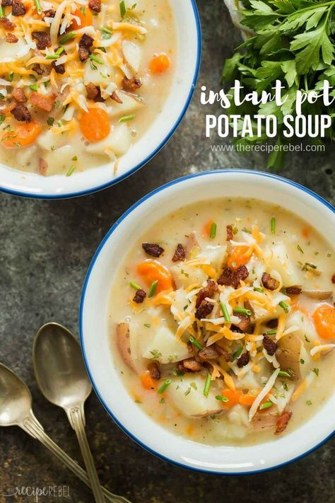 This Instant Pot Potato Soup is creamy, comforting, and loaded with chunks of potato and a few veggies just for good measure ;) It is the ULTIMATE comfort food and my very favorite soup! #instantpot #pressurecooker #potato #soup #recipe #dinner Potato Soup With Evaporated Milk, Soup With Evaporated Milk, Simple Potato Soup, Potato Soup With Bacon, Instant Pot Potato Soup, Cheesy Potato Soup, Instant Potatoes, Soup Healthy, Turkey Broth