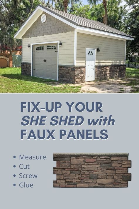 She Shed transformation with URESTONE Wainscot in Ledgestone, color Mocha. Faux Brick Underpinning, Faux Brick Garage Wall, Outdoor Faux Brick Wall Panels, Wainscoting Exterior Siding, Fake Brick Siding Exterior, Exterior Brick Panels, Add Brick To House Exterior, Faux Brick Wall Panels Exterior, Faux Brick Wall Outdoor