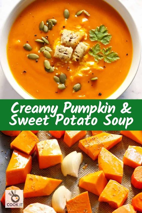 This healthy Pumpkin and Sweet Potato Soup is easy, comforting and full of flavour.  Pumpkin, sweet potato, carrot and onion are roasted, then pureed to produce a smooth and creamy soup.  This butternut squash and sweet potato soup is naturally gluten-free, dairy-free and whole30 friendly, and can easily be made vegan too.  Perfect for warming the whole family through winter. Pumpkin Sweet Potato Soup, Potato Soup Recipes, Pumpkin Sweet Potato, Butternut Squash Sweet, Roast Pumpkin Soup, Sweet Potato Soup Recipes, Sweet Soup, Pumpkin Soup Recipe, Potato Soup Recipe