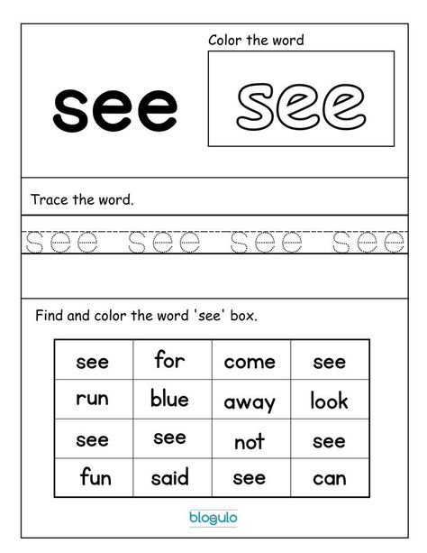 Free printable worksheets for preschool, kindergarten, and first graders See Sight Word Worksheet, Sight Word See Worksheet, See Worksheet, Sight Words Activities, Kindergarten Handwriting, Words Activities, Words List, Teaching Sight Words, Learning Sight Words