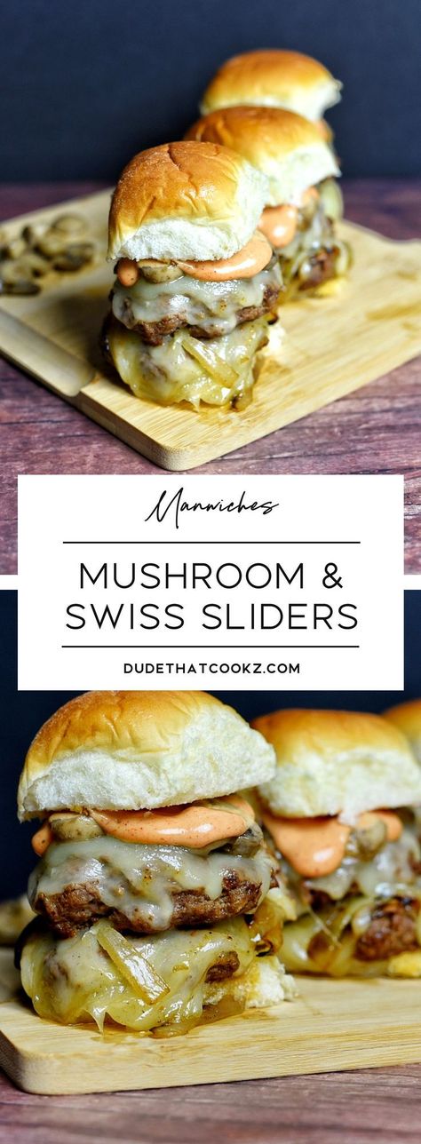 If you are a burger lover this slider recipe will have you craving for it quite often. There is just something special about the combination of Swiss cheese and mushrooms. #sliders #burgers #mushroomswiss via @dudethatcookz Cheese Burger Sliders, Sliders Recipes Hamburger, Burger Sliders Recipes, Hamburger Sliders, Slider Recipe, Sliders Recipes, Beef Sliders, Burger Sliders, Veggie Sandwich