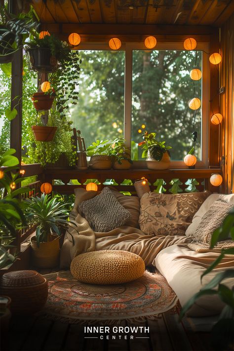 A sunlit sunroom filled with plants, lanterns, and comfortable seating creates a serene meditation space. Spiritual Room Meditation Space, Meditation Space Ideas, Zen Meditation Room, Zen Corner, Yoga Meditation Room, Spiritual Room, Meditation Corner, Zen Room, Spiritual Living