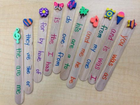 Reading pointers made with craft sticks & mini erasers. Kindergarten Trick Words included on the sticks that can be used as an extra activity if needed. Reading Pointers For Kids, Reading Pointers, Reading Night, Mini Erasers, Trick Words, Kindergarten Ela, Craft Sticks, English Fun, Toddler Learning Activities