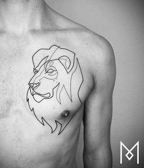 Mo Ganji lion tattoo Lion Tattoo Line, Line Lion Tattoo Design, Lion Tattoo Patchwork, Lion Tattoo Linework, One Line Lion Tattoo, Lion Line Work Tattoo, Simple Lion Tattoo, Simple Tree Tattoo, Mo Ganji