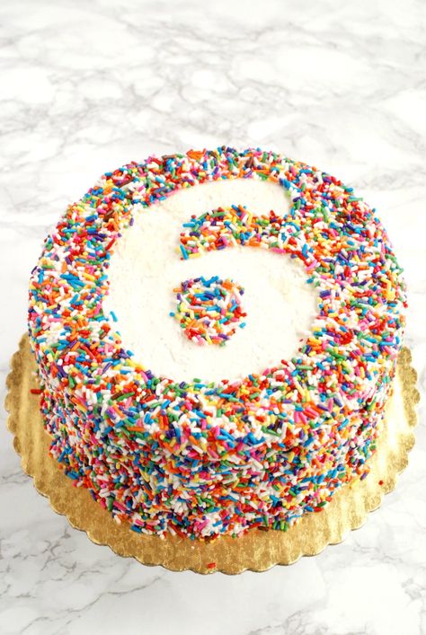 Stenciled Sprinkle Cake | Endlessly Inspired Sprinkle Birthday Cake, Homemade Stencils, Sprinkle Birthday, Anti Gravity Cake, 4de Verjaardag, Sprinkles Birthday Cake, Savory Cakes, 6th Birthday Cakes, Gravity Cake