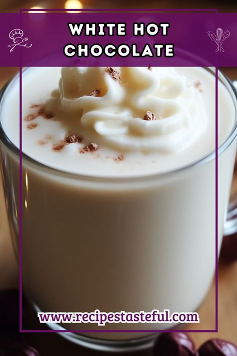 Indulge in this rich and creamy white hot chocolate, perfect for warming up on chilly days. Made with whole milk, real vanilla, and white chocolate, this delightful drink is sure to become a favorite. Top it off with whipped cream, mini marshmallows, or your favorite toppings for an extra treat! Hot Chocolate Crockpot, White Chocolate Hot Chocolate, Hot White Chocolate, Chocolate Crockpot, White Hot Chocolate Recipe, Real Vanilla, Hot Chocolate Recipe, White Hot Chocolate, Chocolate Recipe