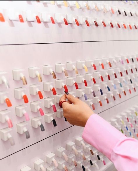 Nail Salon Display, Nail Polish Organization Wall, Nails Interior Design, Nail Shop Ideas, Nail Polish Display Ideas, Nail Swatches Display, Nail Shop Decor Ideas, Nail Shop Design, Nail Bar Design