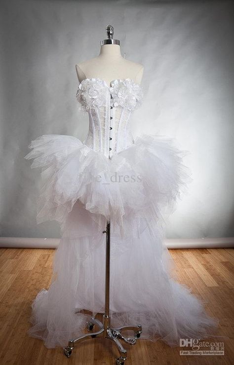 High - Low white feather dress Extreme Mullet, Corset Dress Short, Long Corset Dress, Mullet Skirt, Skate Dance, White Feather Dress, Halloween Scenes, Wedding Dress With Feathers, White Corset Dress