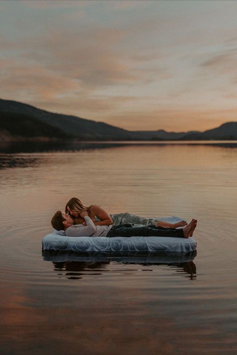 AIR MATTRESS ON THE LAKE | KELOWNA PHOTOSHOOT | CALVIN & CAMILE Water Engagement Photos, Lake Floats, Cold Lake, Lake Photoshoot, Water Shoot, Water Pictures, Camping Mattress, Lake Photos, Camping Bed