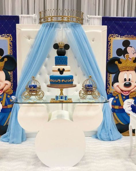 Manson, The Royal Prince birthday party | CatchMyParty.com Prince Mickey Mouse 1st Birthday, Mickey Mouse 1st Birthday Outfit, Prince Mickey Mouse, Royal Prince Birthday Party, Mickey Mouse Birthday Theme, Royal Birthday Party, Mickey Baby Showers, Mickey First Birthday, Mickey 1st Birthdays