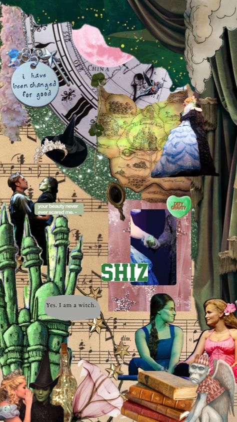 wicked the musical #wallpaper #musical #musicaltheatre #wicked #elphabathropp #elphaba #glindaupland #glinda #wickedthemusical #aesthetic Musical Wallpaper, Wicked The Musical, Iphone Wallpaper Violet, Movie Collage, Wicked Musical, Disney Collage, Defying Gravity, Green Bottle, Broadway Musicals