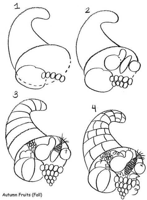 Welcome to Dover Publications How To Draw A Cornucopia, Cornucopia Drawing Easy, How To Draw Thanksgiving Things, Cornacopia Craft, Cornucopia Drawing, Thanksgiving Drawing Ideas, Drawing Ideas Step By Step, Thanksgiving Arts And Crafts, Thanksgiving Drawings