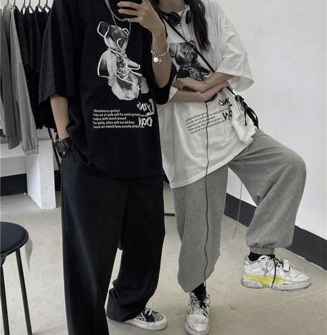 use code HNZCPF at YesStyle checkout! #shirt #koreanstyle #korean #yesstyle #streetwear #dark Matching Couple Outfits Korean, Couple Matching Outfits Aesthetic, Matching Outfits For Couples Aesthetic, Couple Clothes Matching Outfits, Matching Couple Outfits Aesthetic, Matching Outfits For Couples Casual, Matchy Outfit Couple, Couple Outfits Korean, Matching Clothes Couple