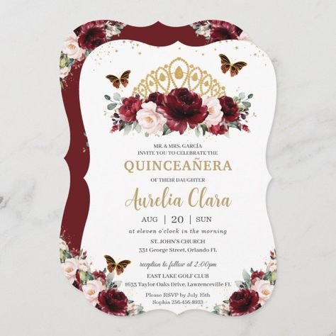 Quinceañera Burgundy Blush Floral Gold Crown Invitation - tap/click to get yours right now! #Invitation #quincea&241;era #15th #birthday #invitation, #elegant Crown Quinceanera, Lollipop Party, Quince Invitations, Mexican Spanish, Red Blush, Invitation Elegant, Princess Tiara, Rich Burgundy, 18th Birthday Party