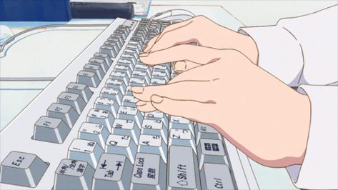 Studying Gif, Typing Keyboard, Read Anime, Cute Pink Background, Blue Anime, Photo Wall Collage, Anime Gifts, Character Design Animation, 90s Anime