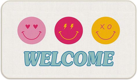 Retro Colourful Smiley Face Welcome Preppy Trendy 70s Hippie 30 x 17 Inches Door Mat Entryway Dorm Doormat,Front Door Entrance Outdoor Porch Home Teen Girls Dorm Bedroom Decor,Preppy Teen Girls Gifts Dorm Doormat, Entrance Outdoor, Preppy Teen, Retro Sun, Nursery Room Design, Front Door Mat, Door Entrance, 70s Hippie, Dorm Bedroom