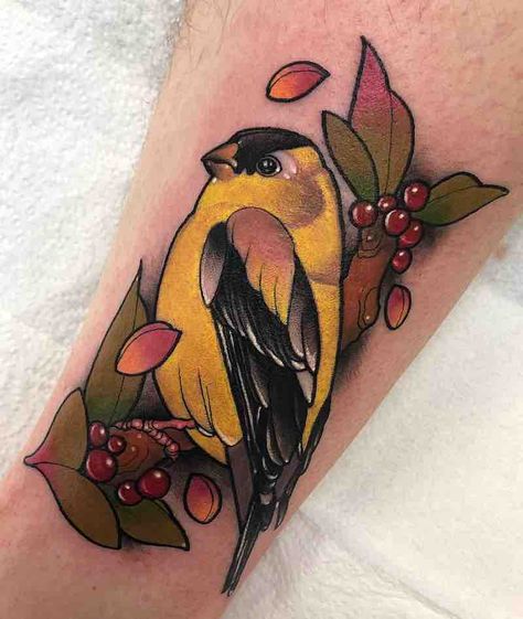 The Best Bird Tattoos Yellow Finch Tattoo, Gold Finch Tattoo, Best Bird Tattoos, Goldfinch Tattoo, Canary Tattoo, Yellow Bird Tattoo, Finch Tattoo, Athlete Photography, Scotland Tattoo