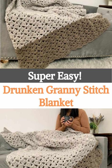 One Stitch Repeat Throw, Drunken Granny Crochet Pattern Free, Lapghan Crochet Patterns Free Easy, Crochet Lap Blanket Patterns Free, Drunken Granny Stitch, Granny Crochet Blanket, Granny Stitch Blanket, Granny Stitch Crochet, Craftroom Ideas