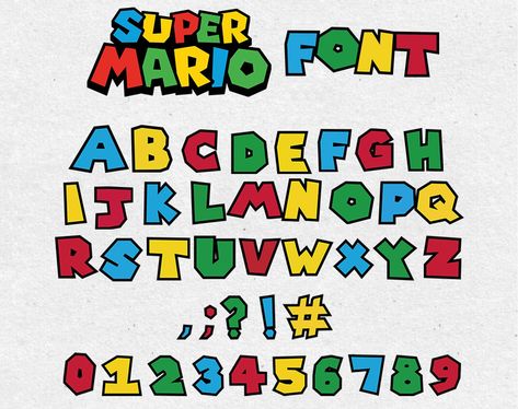 Super Mario Font, Super Mario Free, Mario Font, Mario Birthday Banner, Video Game Font, Senior Night Posters, Super Mario Bros Birthday Party, Game Font, Super Mario Kart