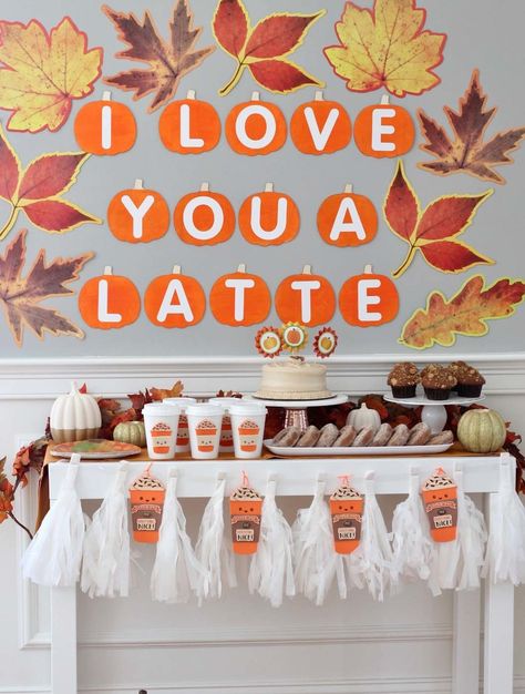 Pumpkin Spice Latte Baby Shower! Thanksgiving Baby Shower, Boy Baby Shower Centerpieces, Thanksgiving Baby, Fall Bridal Shower, Pumpkin Spice Season, Shower Food, Baby Shower Pumpkin, Thanksgiving Activities, Fall Birthday