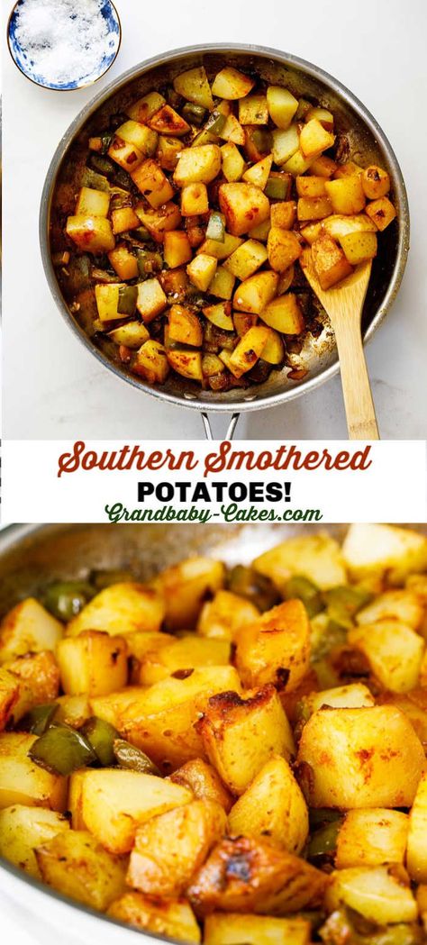 Made with sweet-starchy Yukon gold potatoes, creamy butter and smoky, aromatic spices, Smothered Potatoes make for the most incredibly flavorful side dish. These classic Southern spuds are soft, delicious and so darn easy to make! #potato #potatoes #smotheredpotatoes #sidedish #mashedpotatoes Gold Potato Recipes, Smothered Potatoes, Traditional Easter Desserts, Fall Baking Recipes, Gold Potatoes, Yukon Gold, Yukon Gold Potatoes, Potato Side Dishes, Classic Southern