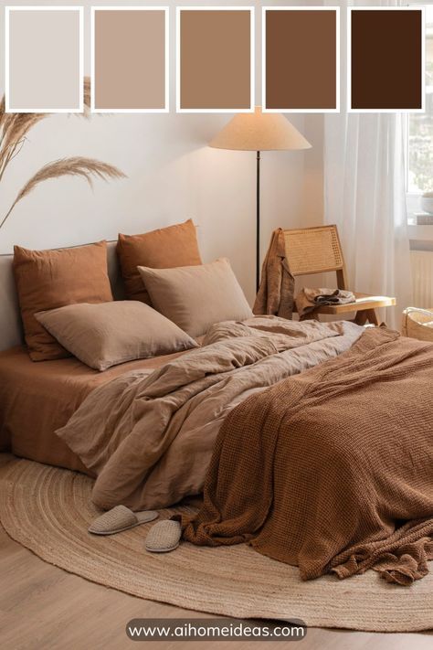 Beige Color Combinations Bedroom, Brown Tone Bedroom, Bedroom Sheets Ideas Color Schemes, Cozy Room Colors, Bed Color Combinations, Bed Color Scheme, Warm Bedroom Ideas Colour Schemes, Brown Wall Bedroom, Bedroom Inspirations Brown