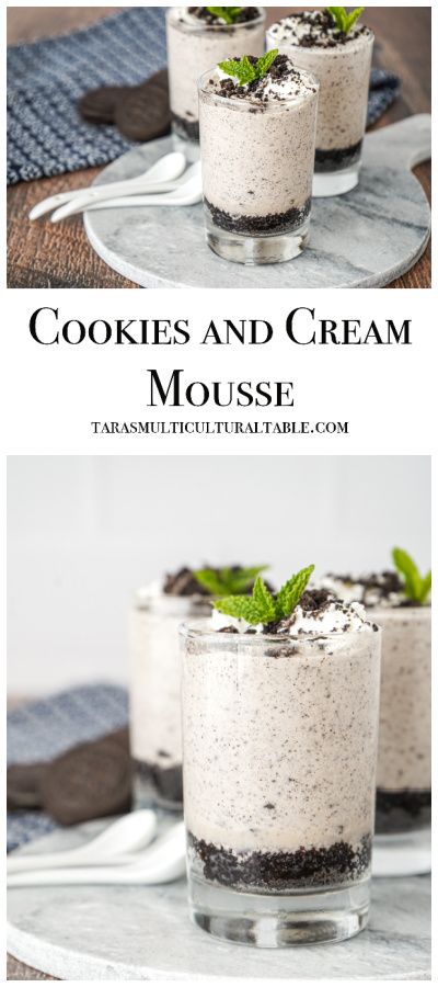 Cookies and Cream Mousse in three small glasses with whipped cream and mint. Cookies And Cream Mousse Recipe, Cookies And Cream Mousse, Cookie Parfait, Oatmeal Flavors, Cooking Cream, Mousse Dessert, Make Ahead Desserts, Banana Dessert, Unique Desserts