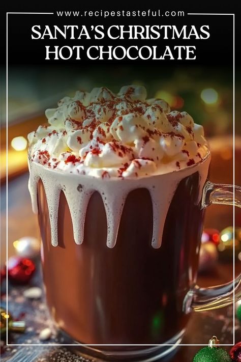 Warm up your holiday season with Santa’s Christmas Hot Chocolate! This rich, creamy hot chocolate, made with high-quality chocolate and topped with festive garnishes like whipped cream, crushed candy canes, and edible glitter, is the ultimate cozy treat. Perfect for family gatherings, holiday parties, or a special treat for yourself, this hot chocolate is sure to bring festive cheer to everyone. Christmas Morning Hot Chocolate, Creamy Hot Chocolate, Hot Chocolate Christmas, Festive Appetizers, Christmas Recipes Easy, Hot Chocolate Recipe, Chocolate Christmas, Christmas Hot Chocolate, Chocolate Recipe