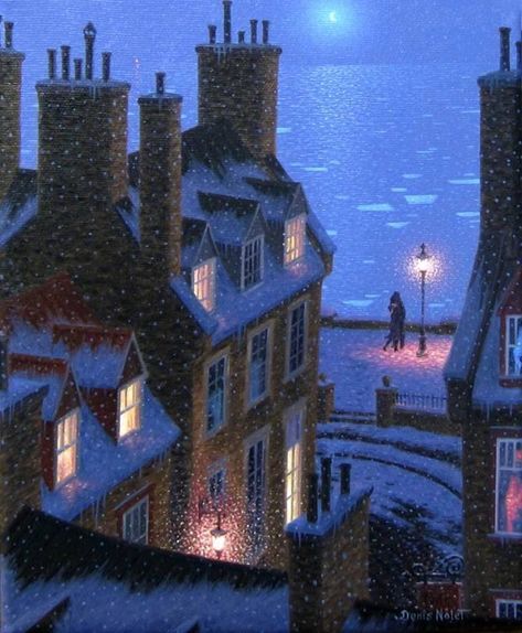 Painting Landscapes, Night Street, Painting Reference, Canadian Painters, Winter Illustration, Art Et Illustration, Canadian Art, Night Scene, Rooftops