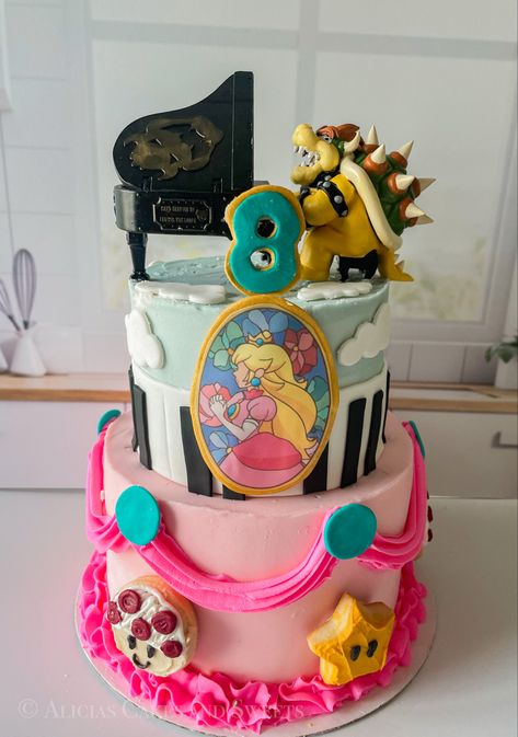 This cake was inspired by the peaches song Bowser sings in the new Super Mario Movie. My daughter loves princess Peach and that song. Therfore this cake was born. Princess Peach From Mario Movie, Princess Peach And Bowser Cake, Mario Movie Birthday Cake, Super Mario Birthday Party Cake Princess Peach, Super Mario And Peach Cake, Peaches Mario Cake, Super Mario Peach Cake, Peaches Birthday Cake, Princess Peach Castle Cake