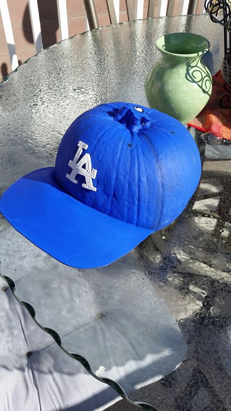 Dodgers Pumpkin Painting, Dodger Pumpkin Ideas, Small Pumpkin Painting Ideas, Dodger Hat, Baseball Pumpkin, Halloween Pumpkin Decorating, Pumpkin Painting Party, Pumpkin Decorating Contest, Pumpkin Books