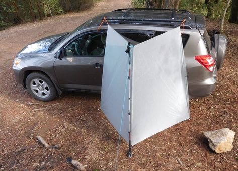 Diy Suv Awning, Diy Camping Shower Tent, Motorcycle Van, Suv Rving, 4wd Canopy Setup, Hatchback Car Camping, Tents That Attach To Suv, Backpack Survival, Camper Van Tent Extension