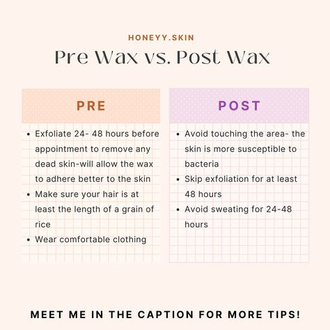 Pre Wax vs. Post Wax Tips🫶🏾 ✨ Pre Wax✨ 🎯 Skip the Sun and Heat When: 24-48 hours before your appointment: waxing already sensitizes the skin, and sunburned or heat-exposed skin can become more prone to irritation or damage.🥵 How: Avoid tanning, hot tubs, saunas, or other heat-heavy activities before waxing. 🎯 Pain Management (Optional) When: 30-60 minutes before your appointment. Why: If you’re prone to discomfort, taking an over-the-counter pain reliever (such as ibuprofen💊) before the se... Post Waxing Care Tips, Pre Waxing Tips, Waxing Aesthetic, Wax Appointment, Wax Tips, Soft Natural Makeup, Waxing Tips, Hot Tubs Saunas, Hot Tubs