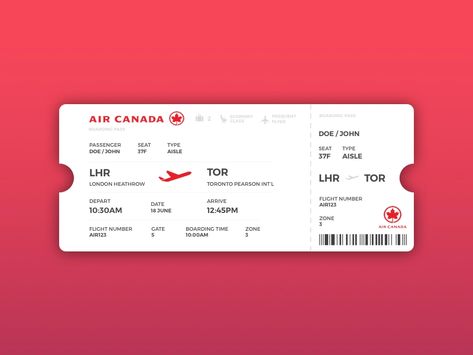 Created a quick boarding pass design for a flight with Air Canada, sticking with the traditional paper ticket :) Travel Consultant Business, Airport Tickets, Airport Theme, Ticket Printable, Airlines Branding, Christmas Advertising, Map Layout, Plane Ticket, Collateral Design